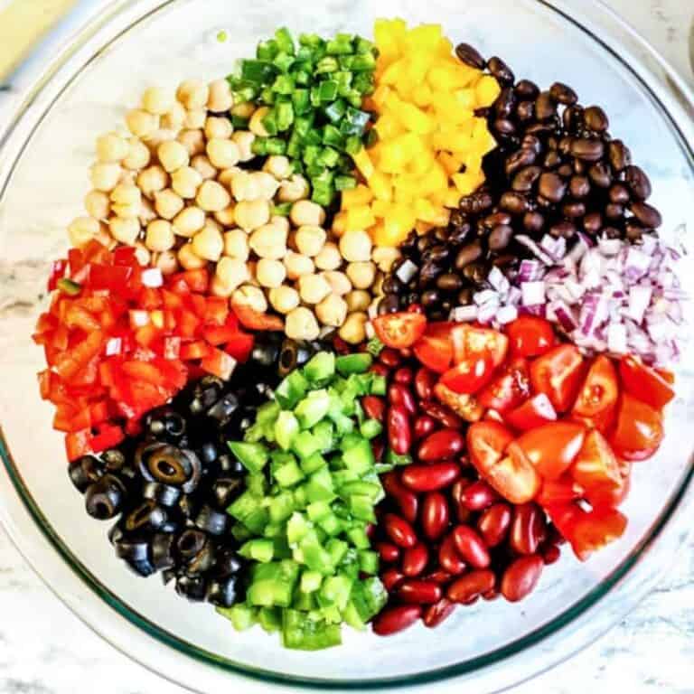 three bean salad in white bowl