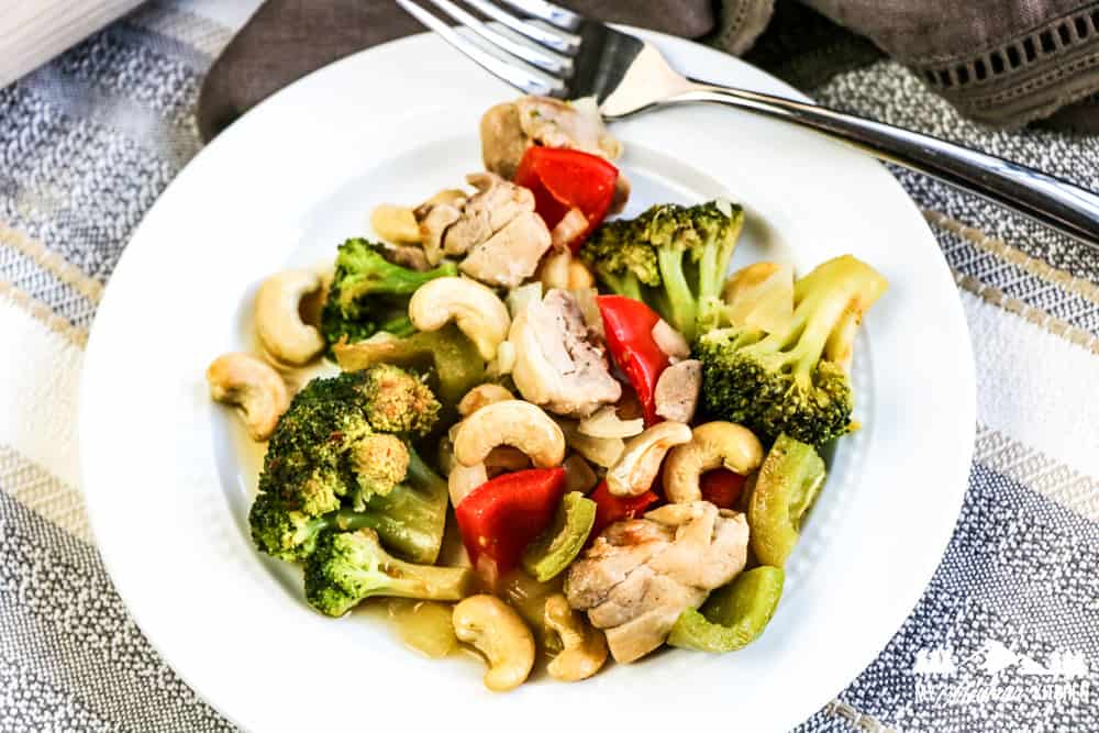low carb cashew chicken on white plate