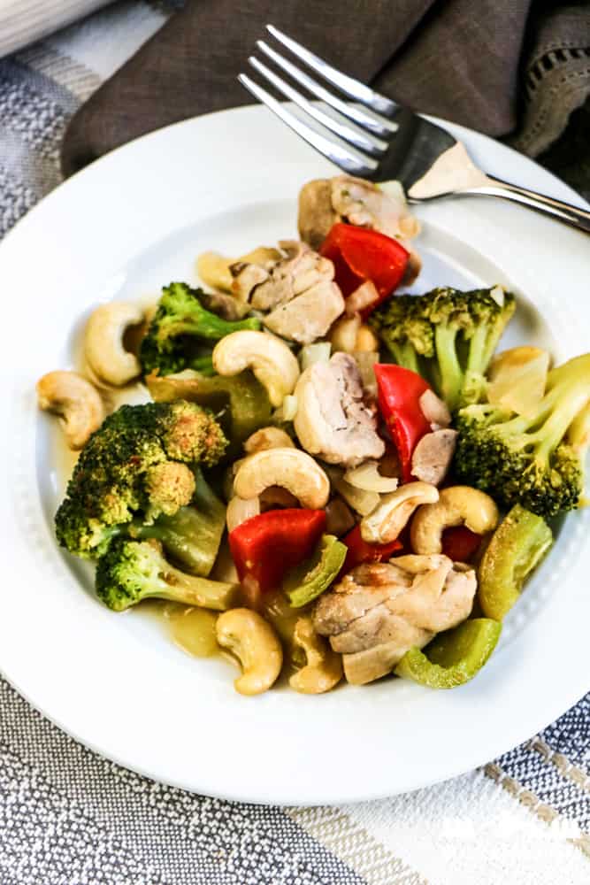 keto cashew chicken on white plate