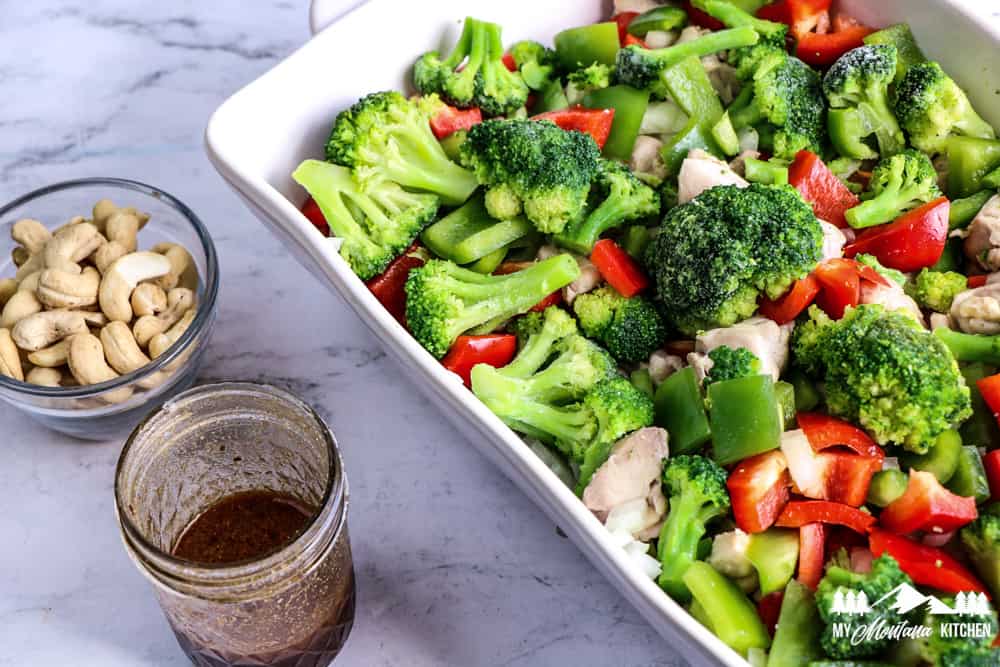 chicken and vegetables in baking dish