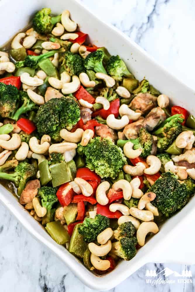 easy cashew chicken in white baking dish