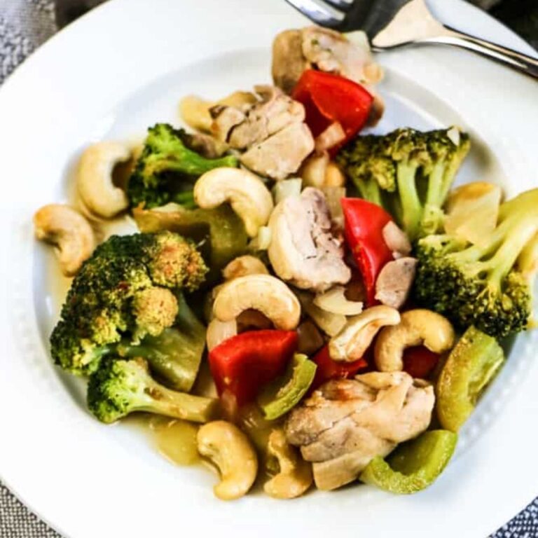 low carb cashew chicken in white baking dish