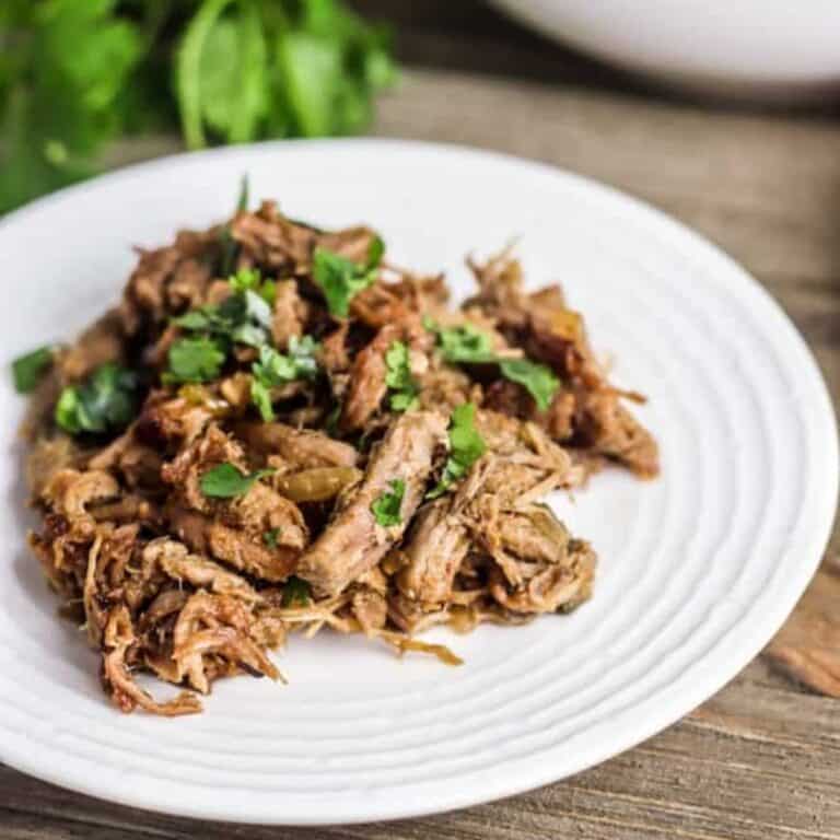 slow cooker pork carnitas on white plate