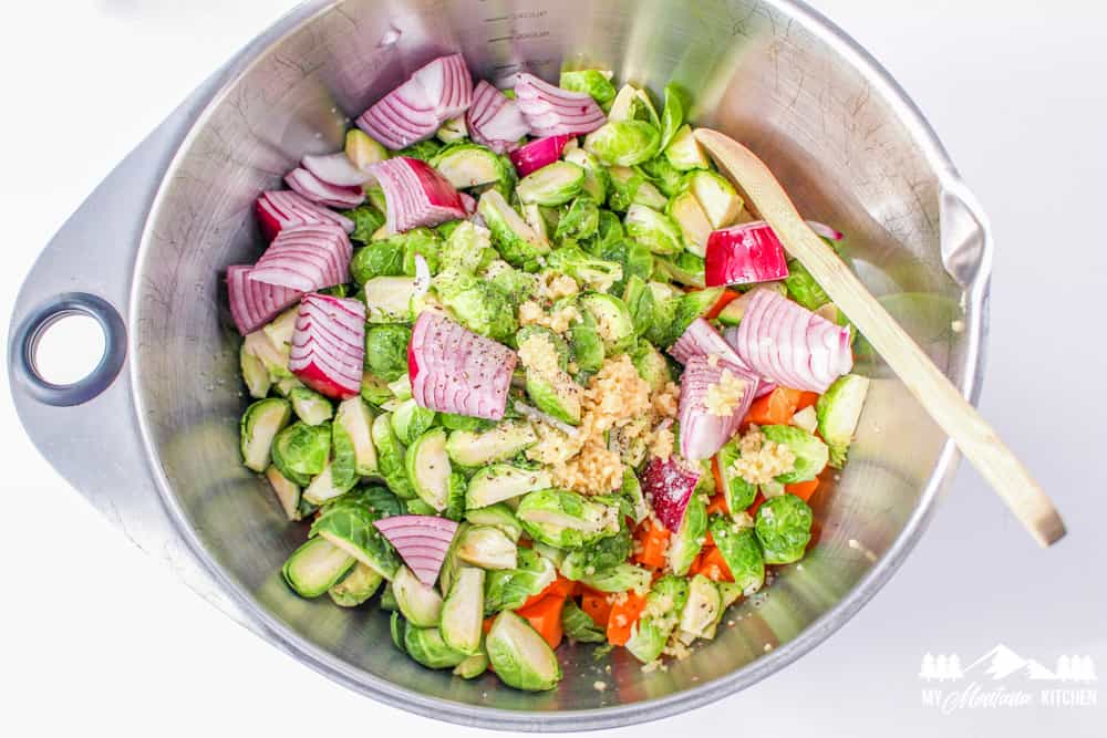 ingredients for recipe mixed in silver bowl