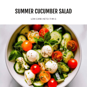 cucumber, mozzarella, tomato salad in white bowl