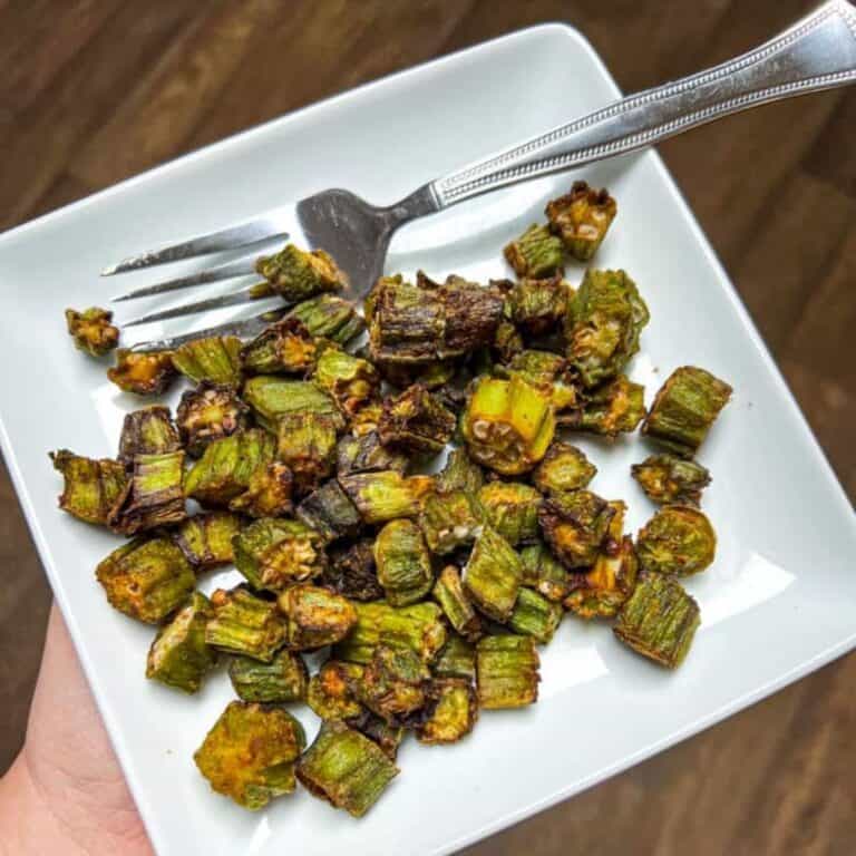air fried okra on white plate