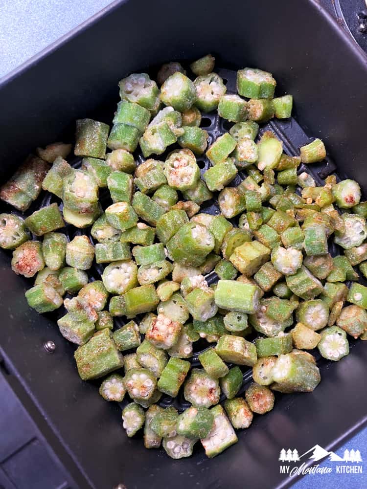 frozen cut okra with seasonings in air fryer basket