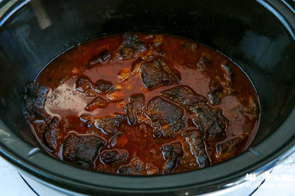 cubed beef after cooking in slow cooker