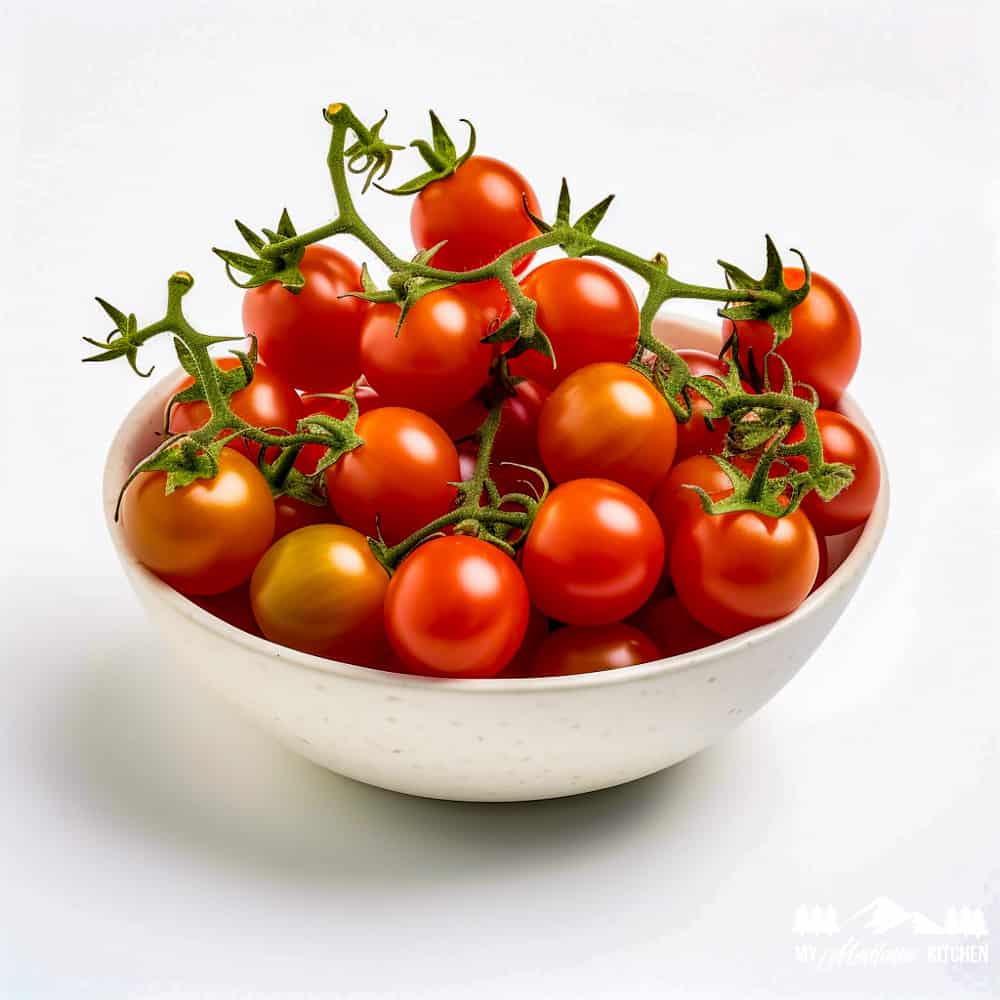 cherry tomatoes on the vine in a white bowl