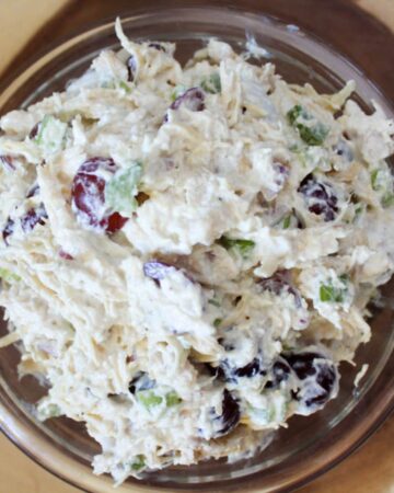 chicken salad with grapes in glass bowl
