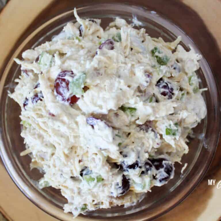 chicken salad with grapes in glass bowl