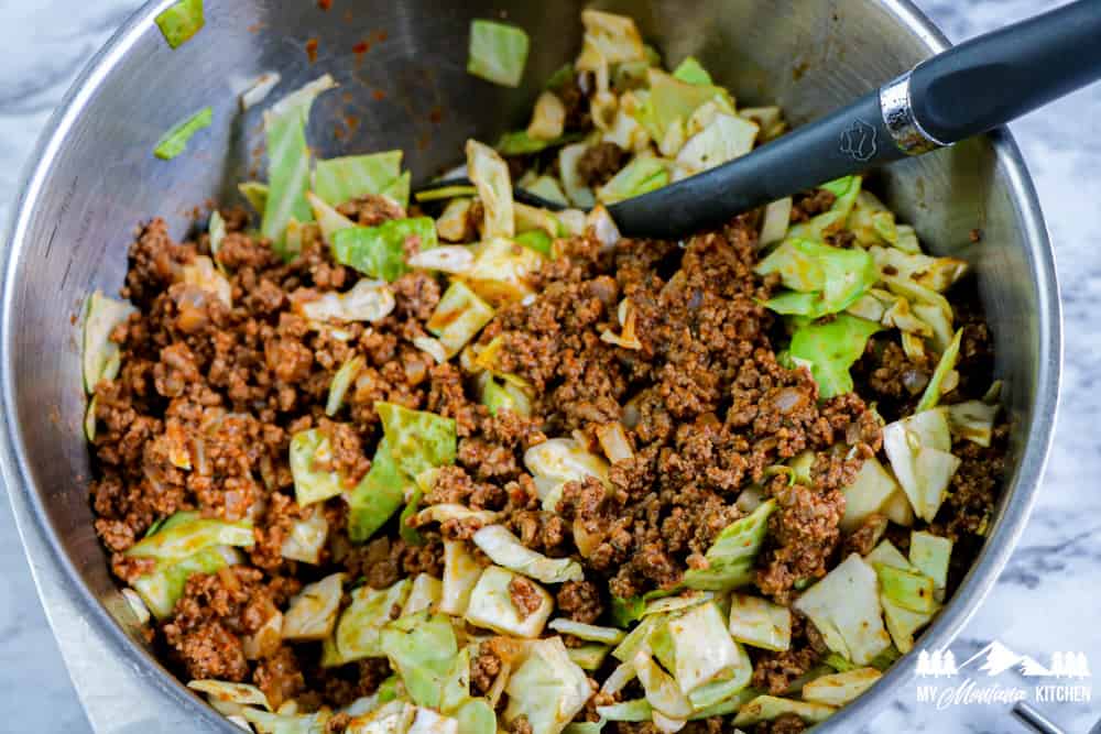 browned beef with chopped cabbage