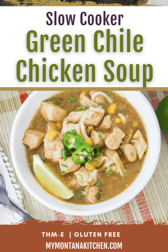 green chile chicken soup in white bowl