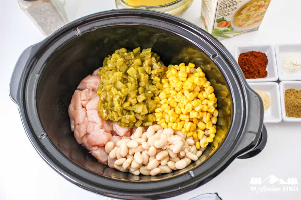 chicken, beans, chiles, and corn in slow cooker