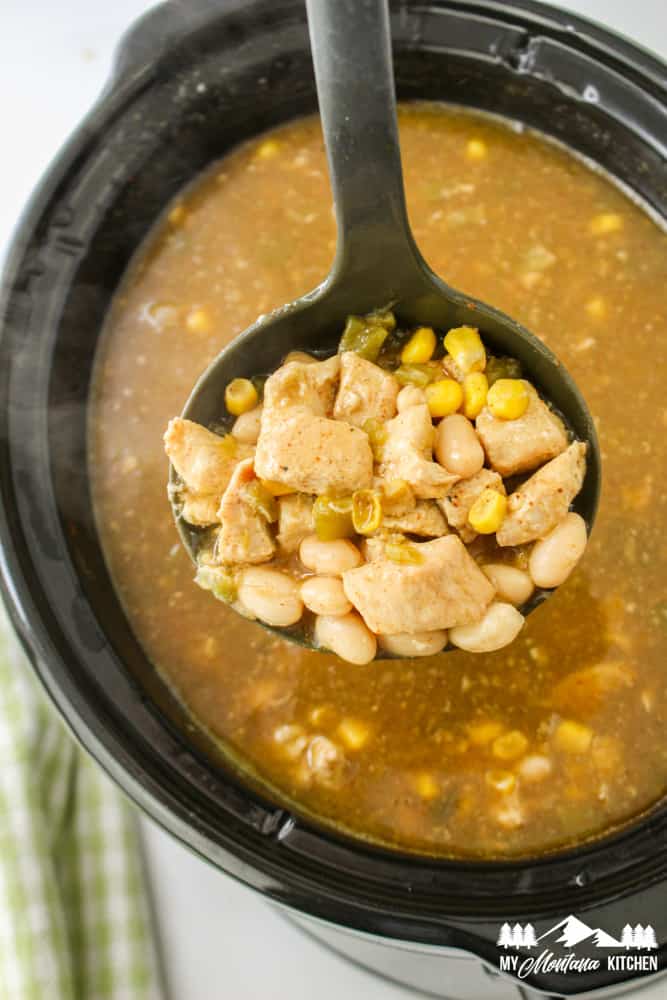 cooked green chile chicken soup in ladle