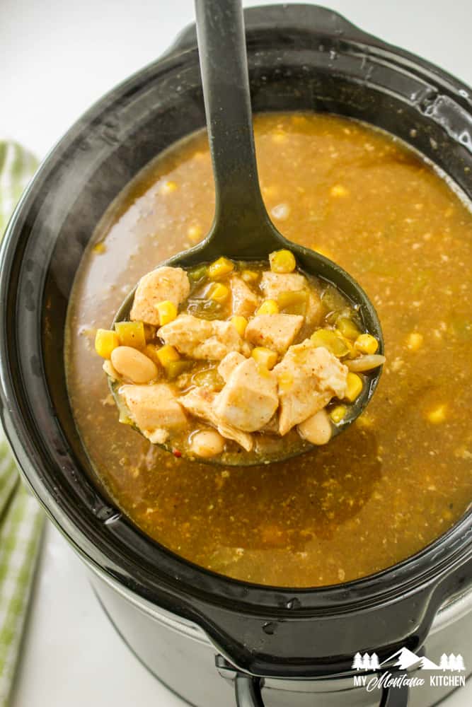 cooked green chile chicken in ladle