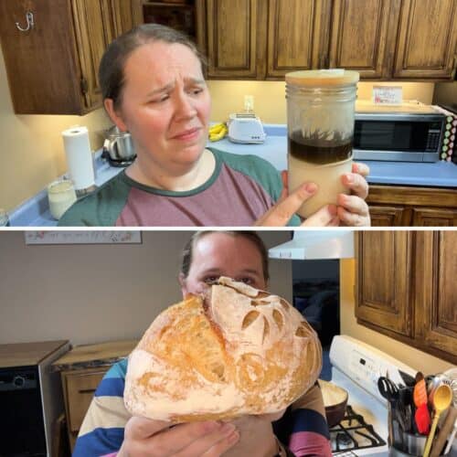 woman looking at jar of sourdough starter with dark liquid on top and woman holding loaf of bread
