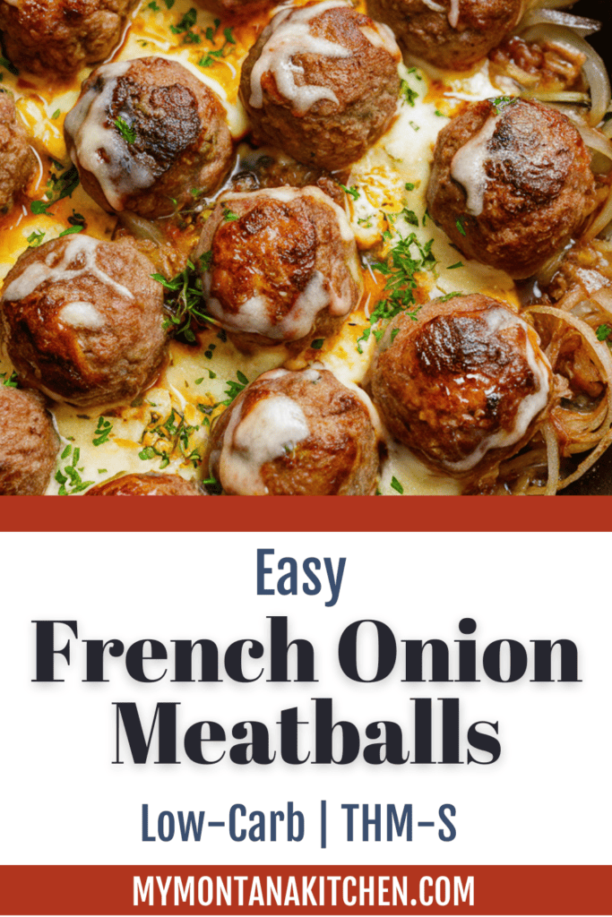french onion meatballs with onions and cheese in skillet