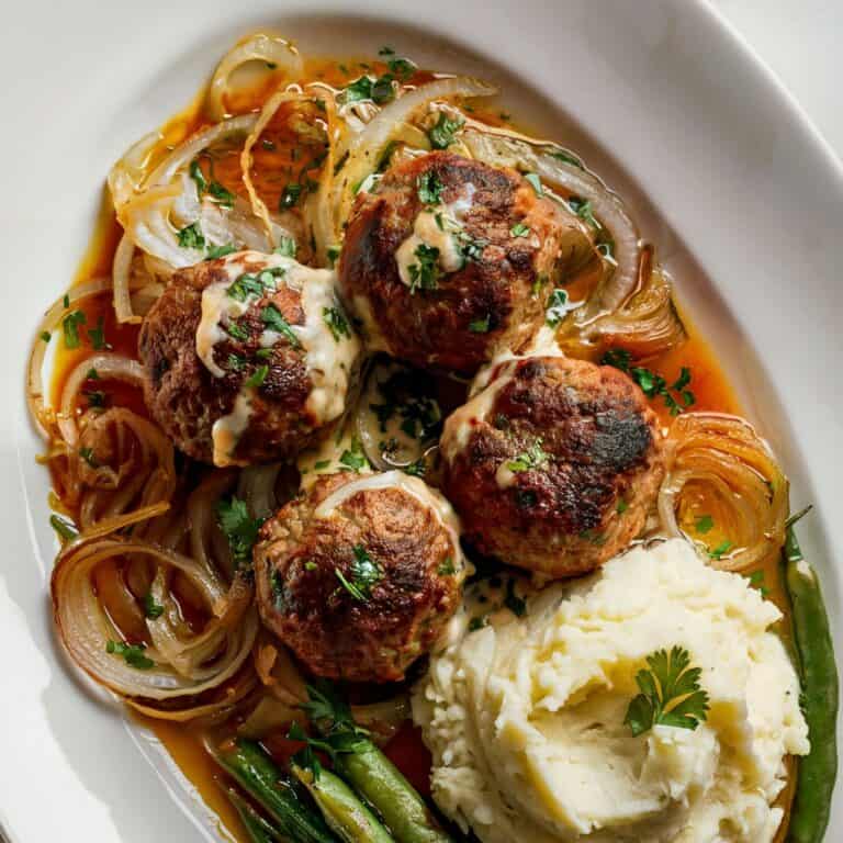 french onion meatballs on white platter