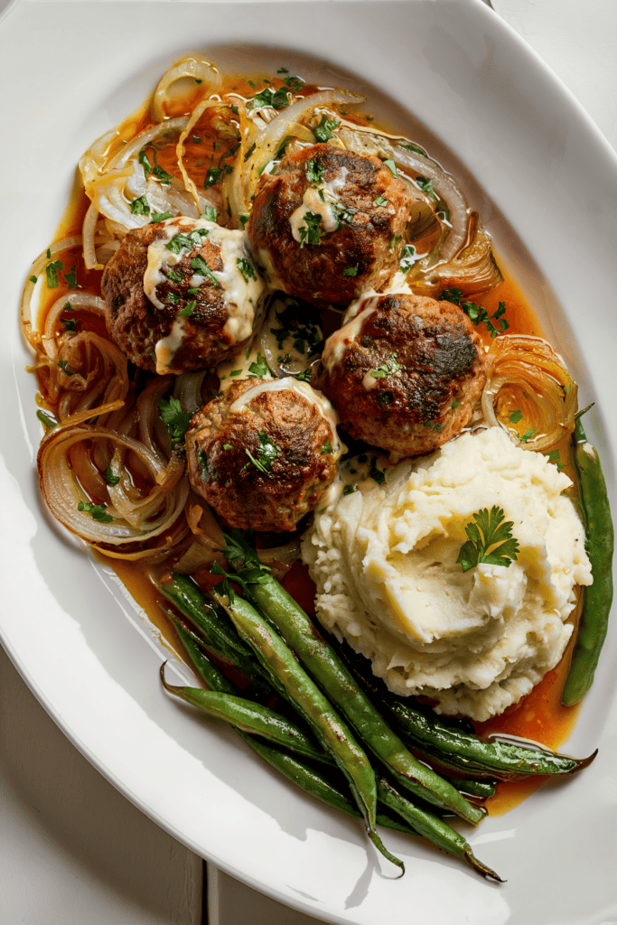 french onion meatballs on white plate with mashed potatoes and green beans