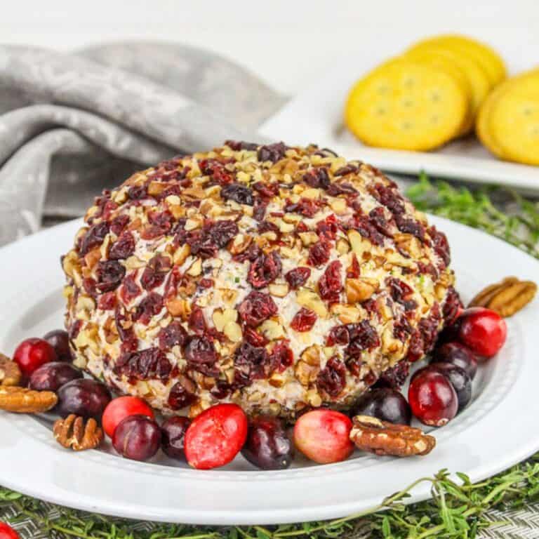 cranberry pecan cheeseball on white plate
