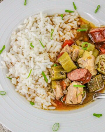 chicken and sausage gumbo with rice and a sprinkle of green onions