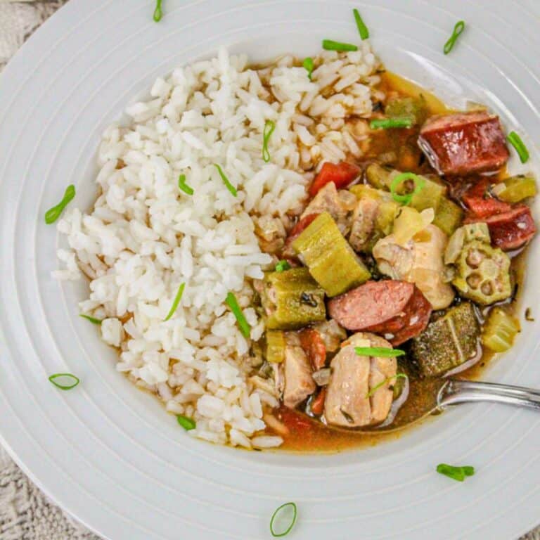 chicken and sausage gumbo with rice and a sprinkle of green onions