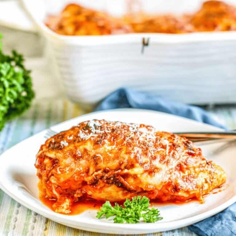 Lasagna Stuffed Chicken Breast on white plate