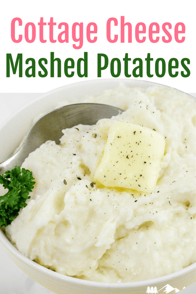 Bowl of creamy mashed potatoes topped with butter and pepper, with text overlay that reads “Cottage Cheese Mashed Potatoes”.