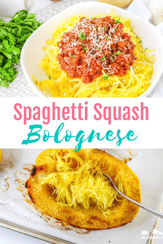 Pinterest graphic featuring finished spaghetti squash Bolognese and roasted spaghetti squash with overlay text reading “Spaghetti Squash Bolognese”.