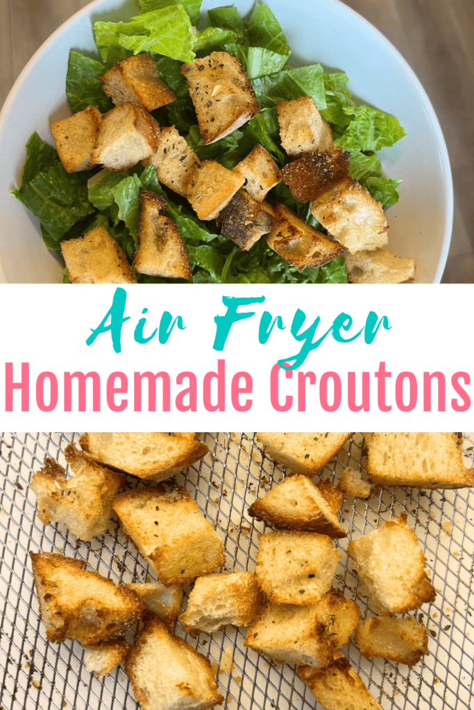 A white bowl filled with fresh romaine lettuce topped with crispy homemade air fryer croutons, alongside a close-up of golden, seasoned croutons on an air fryer tray.