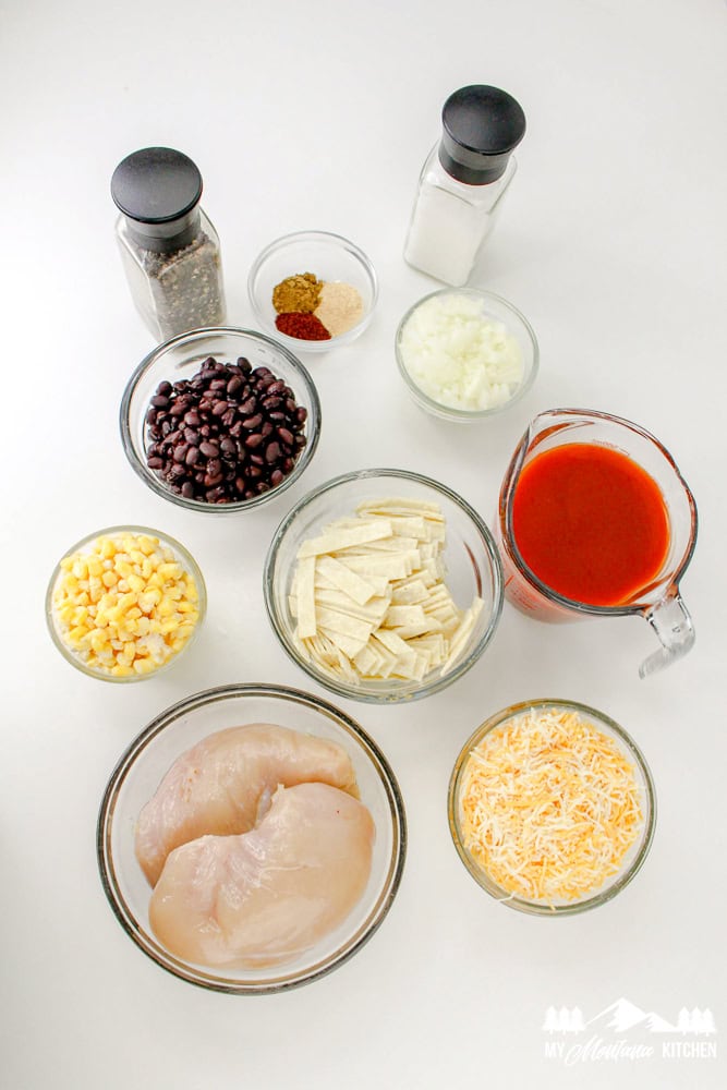 Ingredients for crockpot chicken enchilada casserole laid out on a white background.