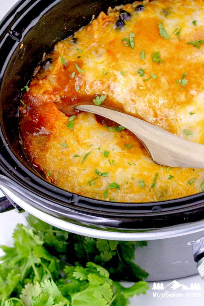 Slow cooker filled with cheesy chicken enchilada casserole topped with melted cheese and fresh cilantro.