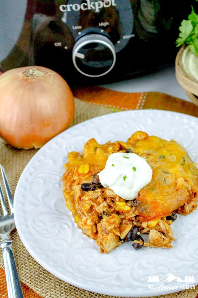 Serving of crockpot chicken enchilada casserole on a plate with sour cream and the crockpot in the background.