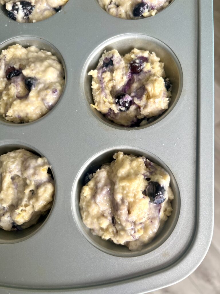 unbaked sourdough blueberry muffins in muffin tin