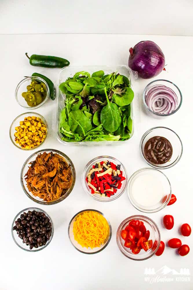 Overhead view of fresh salad ingredients including pulled pork, black beans, corn, shredded cheese, and greens on a white background.