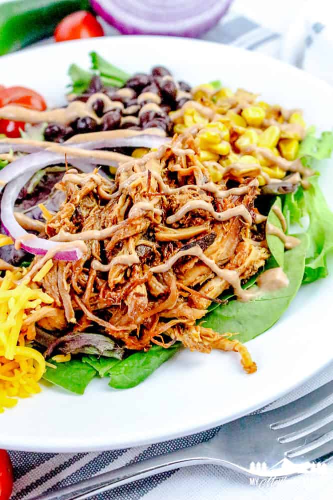 Close-up of pulled pork salad showing detailed texture of the meat, greens, corn, black beans, and BBQ ranch drizzle.