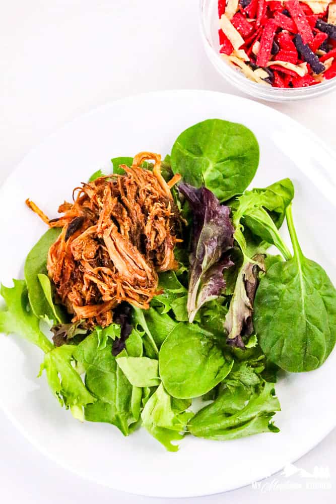 Mixed greens topped with shredded pulled pork on a white plate with tortilla strips nearby.