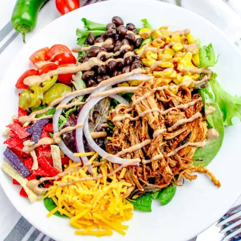 pulled pork salad on white plate