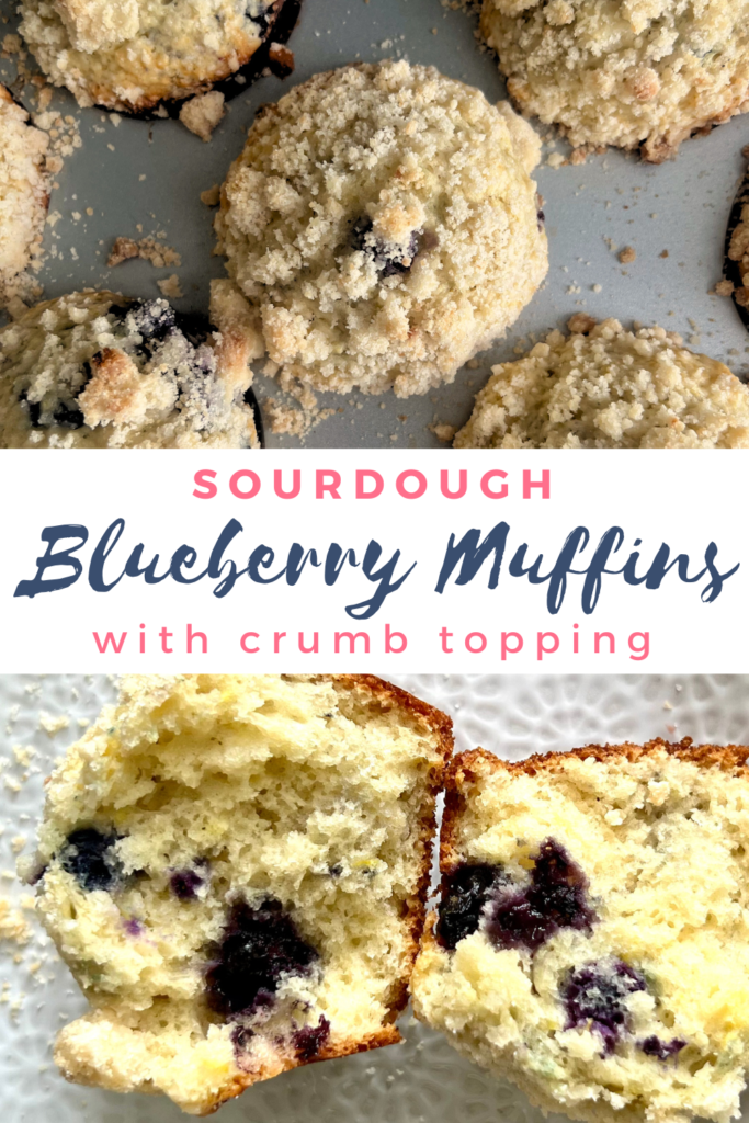 Graphic showing sourdough blueberry muffins with crumb topping, including a top-down view of whole muffins in a tin and a close-up of a sliced muffin showing moist crumb and juicy blueberries.