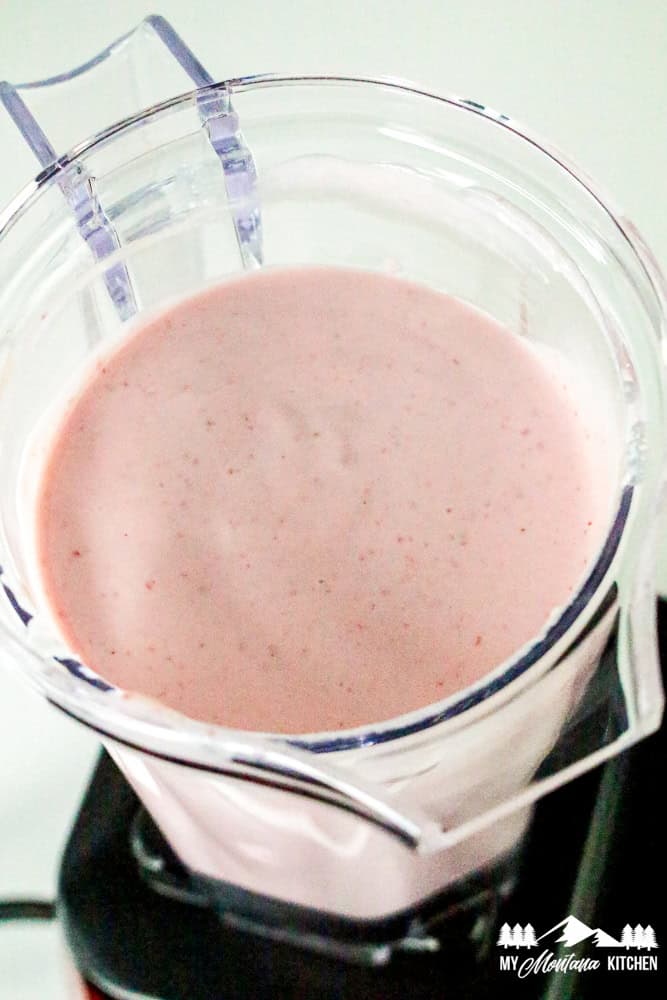 Blended strawberry and cottage cheese mixture in blender