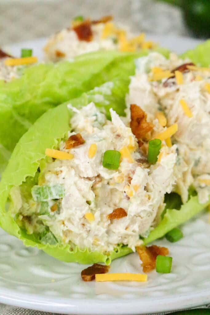 Extreme close-up of jalapeño popper chicken salad showing creamy texture, shredded chicken, bacon, and diced green onion.
