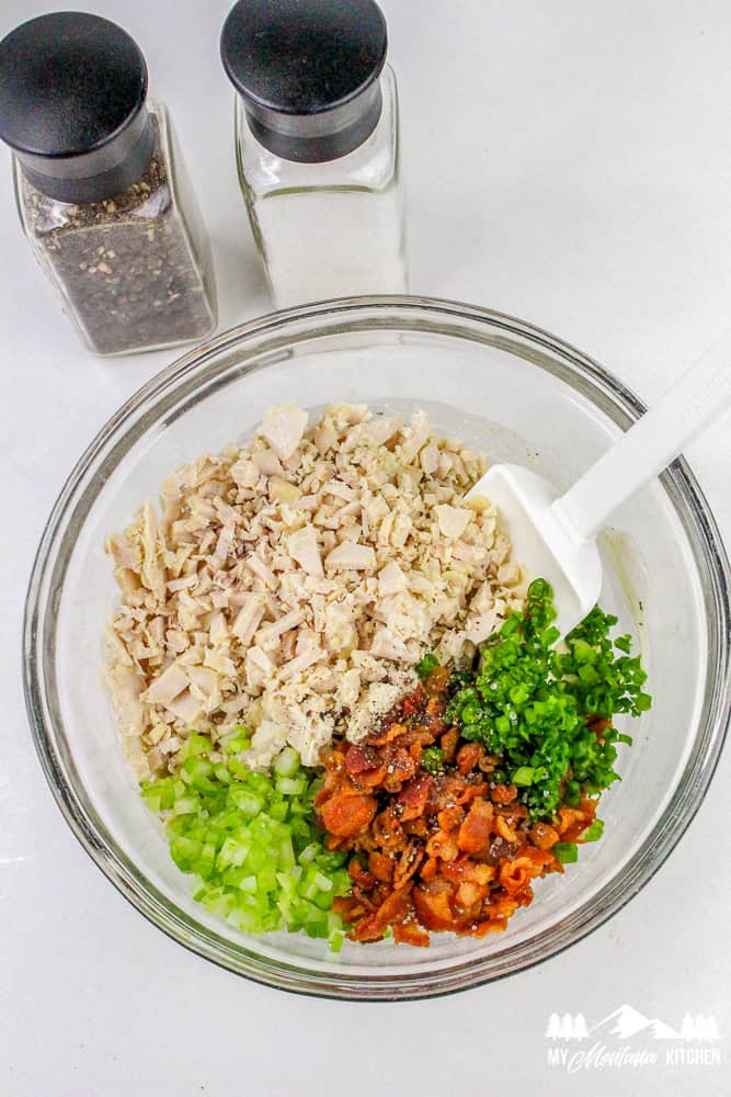 Ingredients for bacon ranch chicken salad in a bowl: chopped chicken, celery, bacon, and green onions.