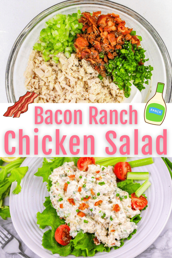 Overhead view of bacon ranch chicken salad ingredients in a mixing bowl above a finished plate of the salad on lettuce with tomatoes and celery.
