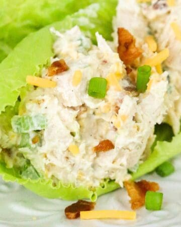 jalapeno popper chicken salad in lettuce on white plate