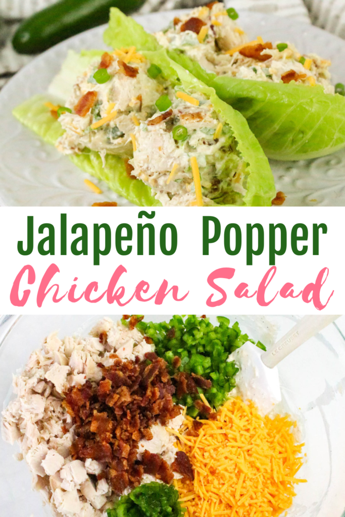 jalapeno popper chicken salad in lettuce boats, and ingredients in bowl