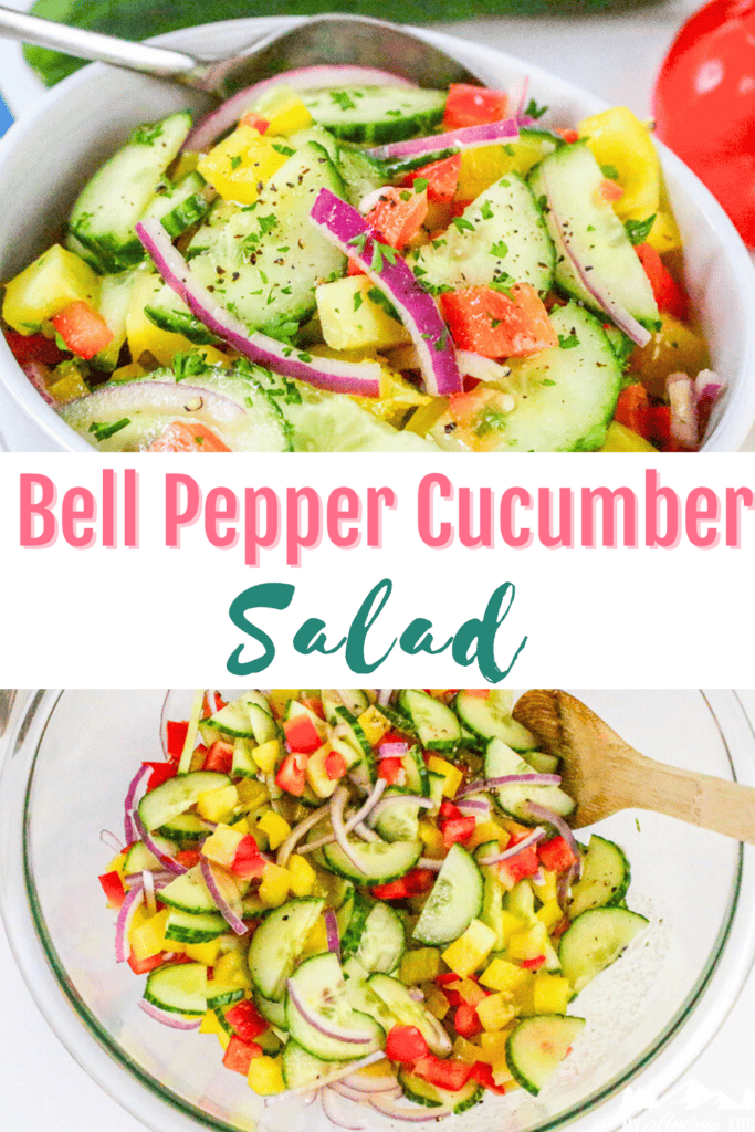 Overhead view of bell pepper cucumber salad in a white bowl and glass mixing bowl with text overlay “Bell Pepper Cucumber Salad.”