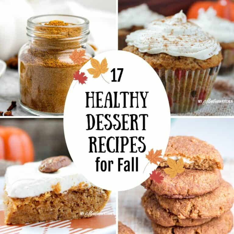 Collage of healthy fall desserts including homemade pumpkin pie spice, cream cheese frosted cupcakes, pumpkin bars, and gluten-free cookies with text overlay that reads “17 Healthy Dessert Recipes for Fall.”