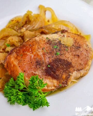 Close-up of a fully cooked seasoned pork chop served with tender apples and onions on a white plate, garnished with parsley