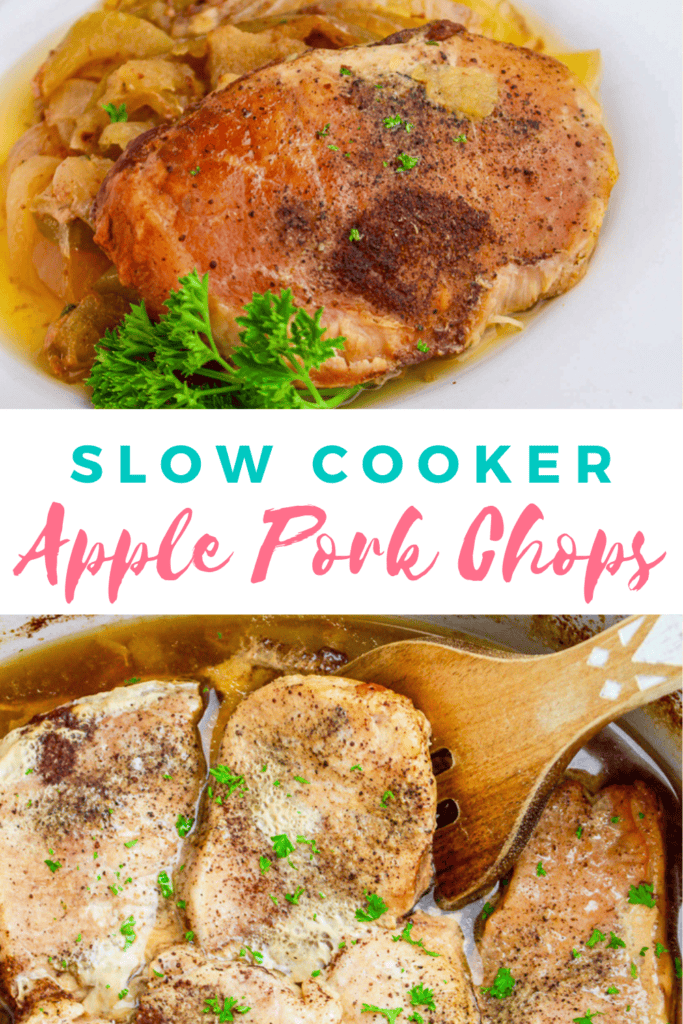 Split-image graphic with text overlay reading Slow Cooker Apple Pork Chops, showing a plated pork chop with apples on top and cooked pork chops in a slow cooker on the bottom